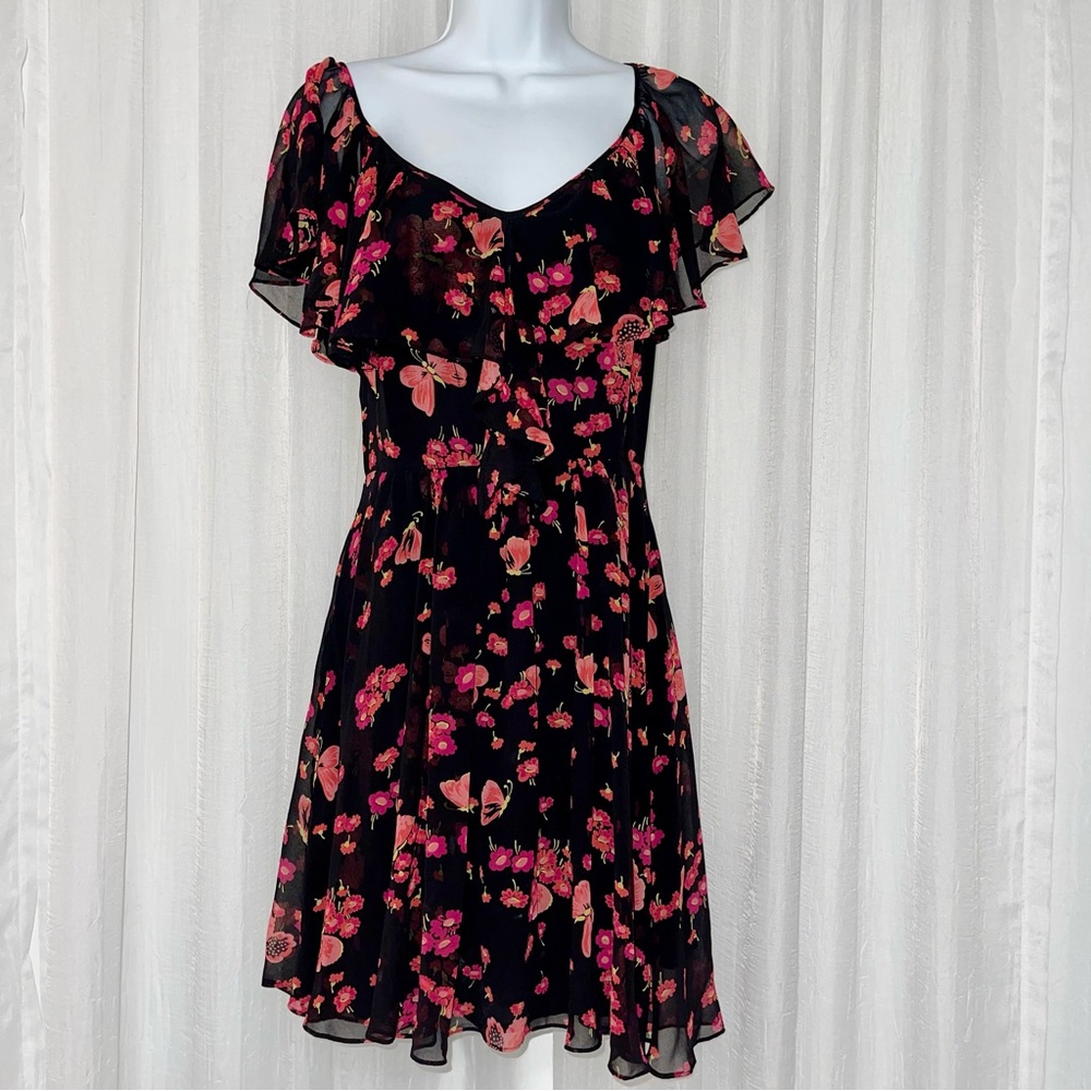 8 Betsey Johnson Raffled black pink floral chiffon dress
